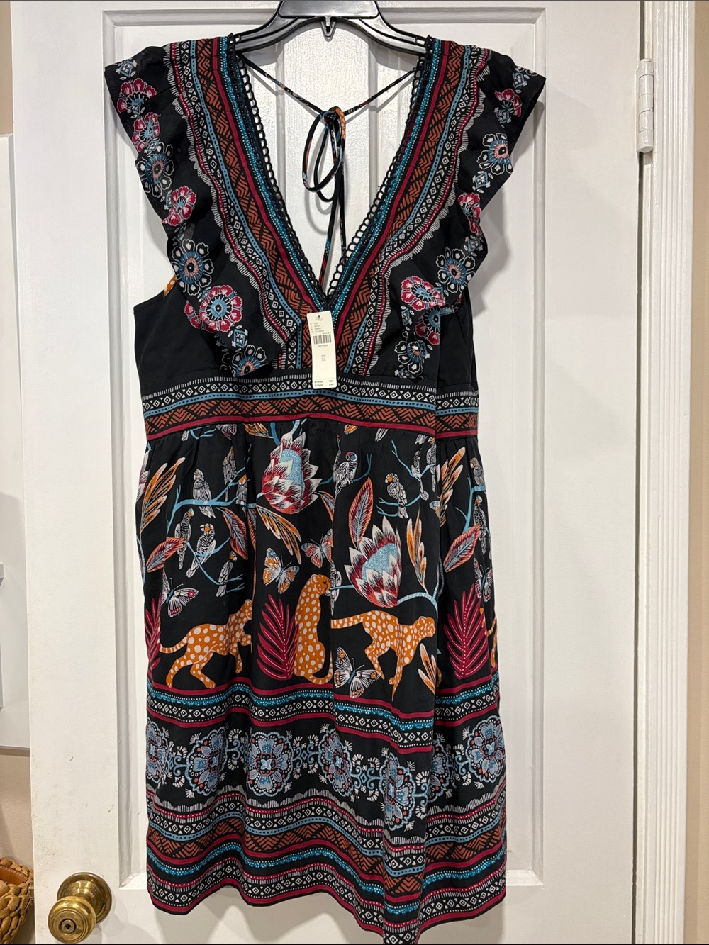 Anthropologie NWT XL Animal Print Boho Mini Dress Pockets Cheetah Birds Tassel - Picture 9 of 12